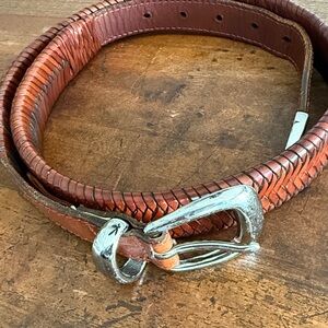 Cole Haan leather herringbone fishbone woven belt solid brass buckle